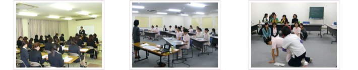 （写真左）入社オリエンテーション（中央）外部講師による接遇研修（右）開業助産師との合同勉強会